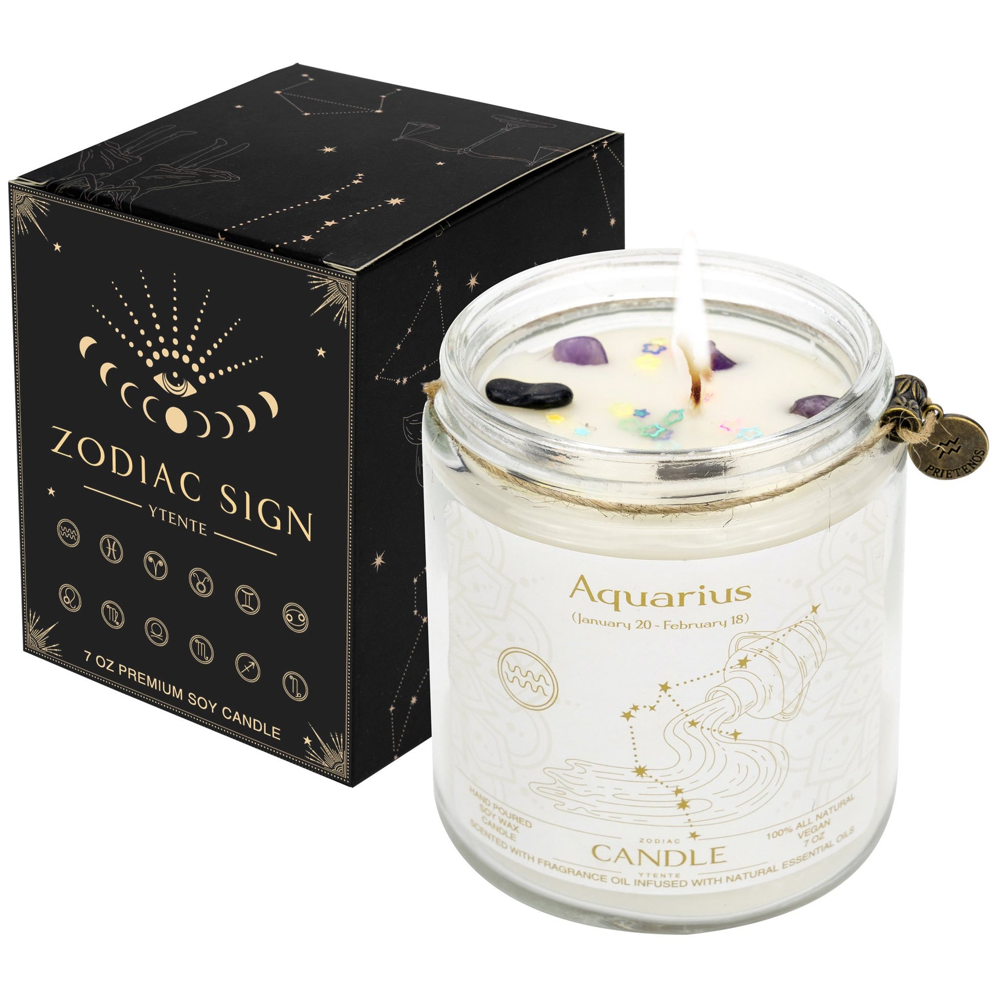 Lit Aquarius zodiac candle in clear glass jar with lavender sprigs visible wax crystals and printed astrology design with size dimensions shown