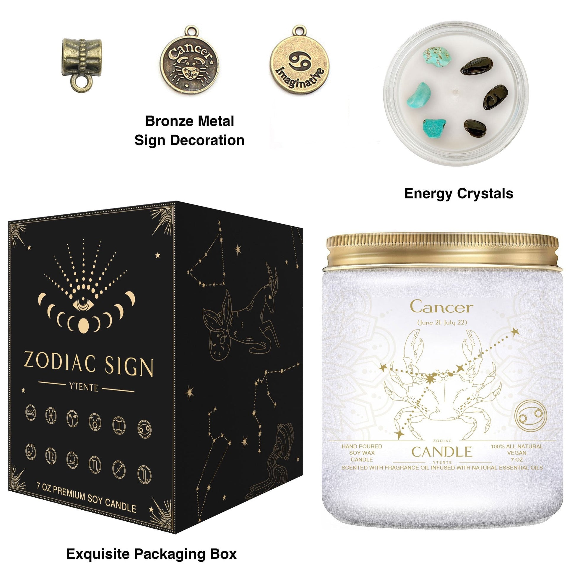 Seven ounce Cancer zodiac candle in glass jar with gold lid and illustrated astrology label shown beside matching decorative gift box