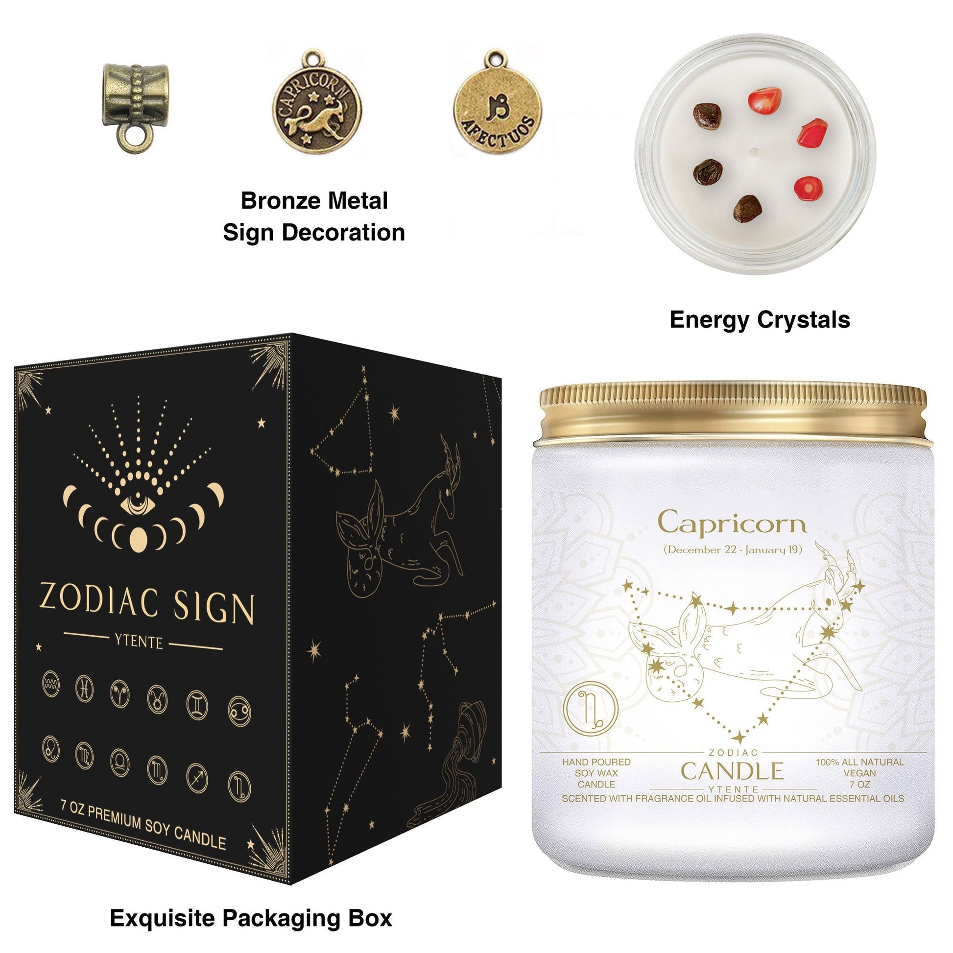Seven ounce Capricorn zodiac candle in glass jar with gold lid and illustrated astrology label shown beside matching decorative gift box