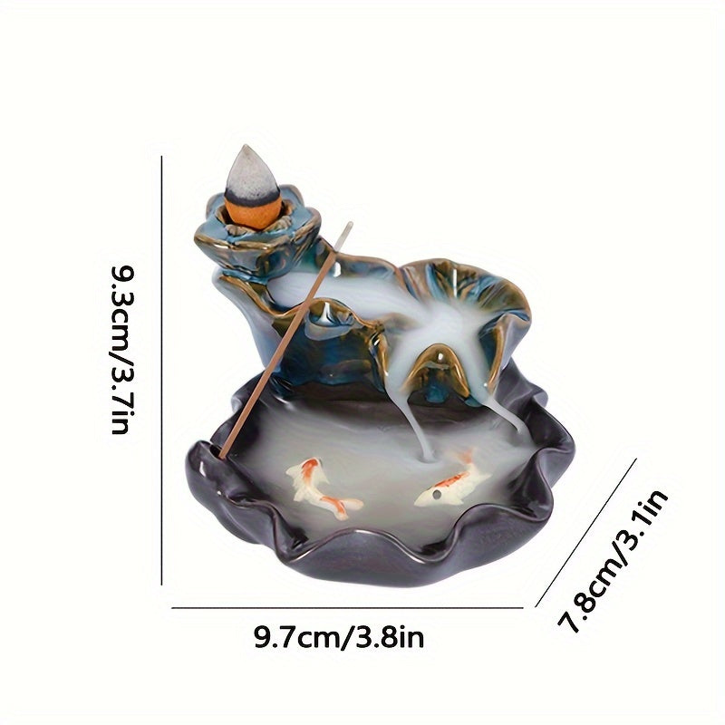 Lotus Blue model ceramic backflow incense burner with waterfall design and size measurements, and double fish at the basin.

