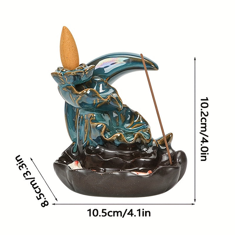 Moon Blue Ceramic double fish at the basin backflow incense burner with waterfall design and size measurements

