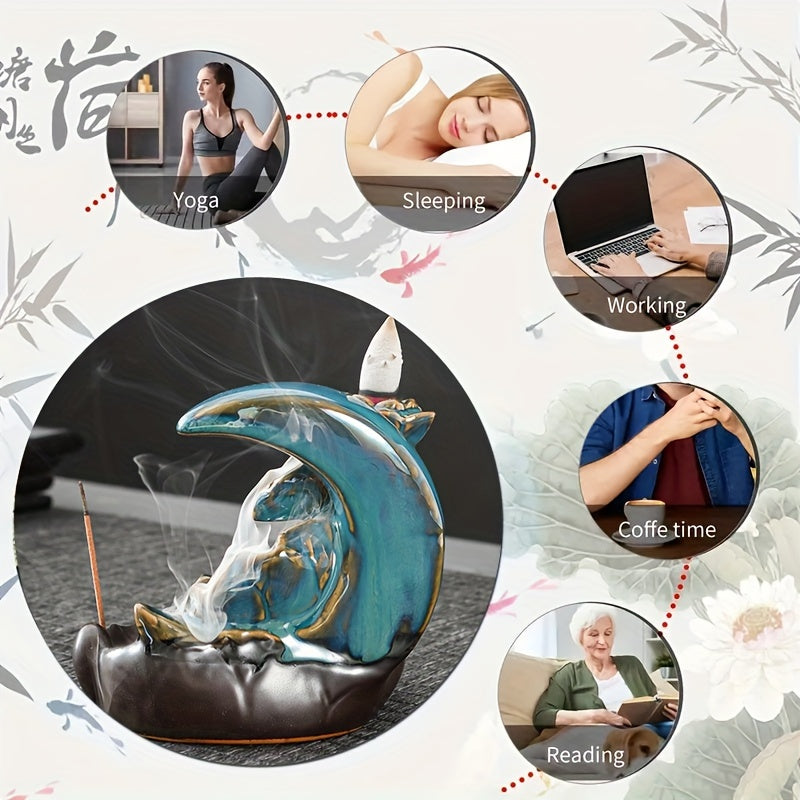 Decorative incense burner with smoke, surrounded by lifestyle circles labeled Yoga, Sleeping, Working, Coffee time, and Reading.