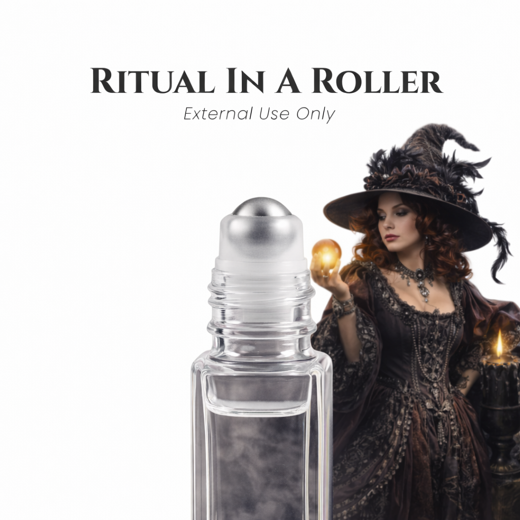 Rollerball with witch and text 'Ritual in a Roller' on a white background. -Clover's Charm