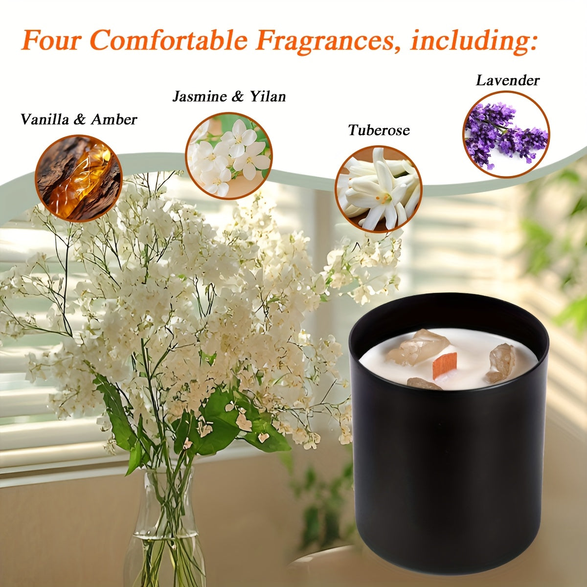 Black jar crystal candle displayed beside white floral decor with scent options shown for vanilla and amber, jasmine and yilan, tuberose, and lavender