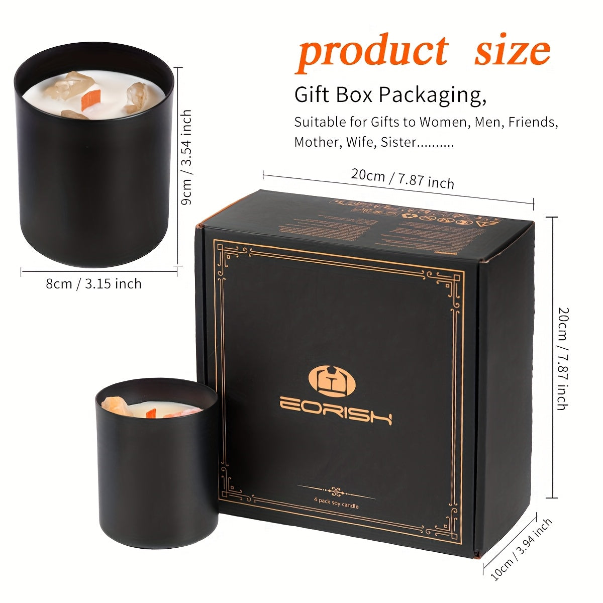 black jar crystal candles with natural stone accents and wooden wicks displayed on a white background measurements