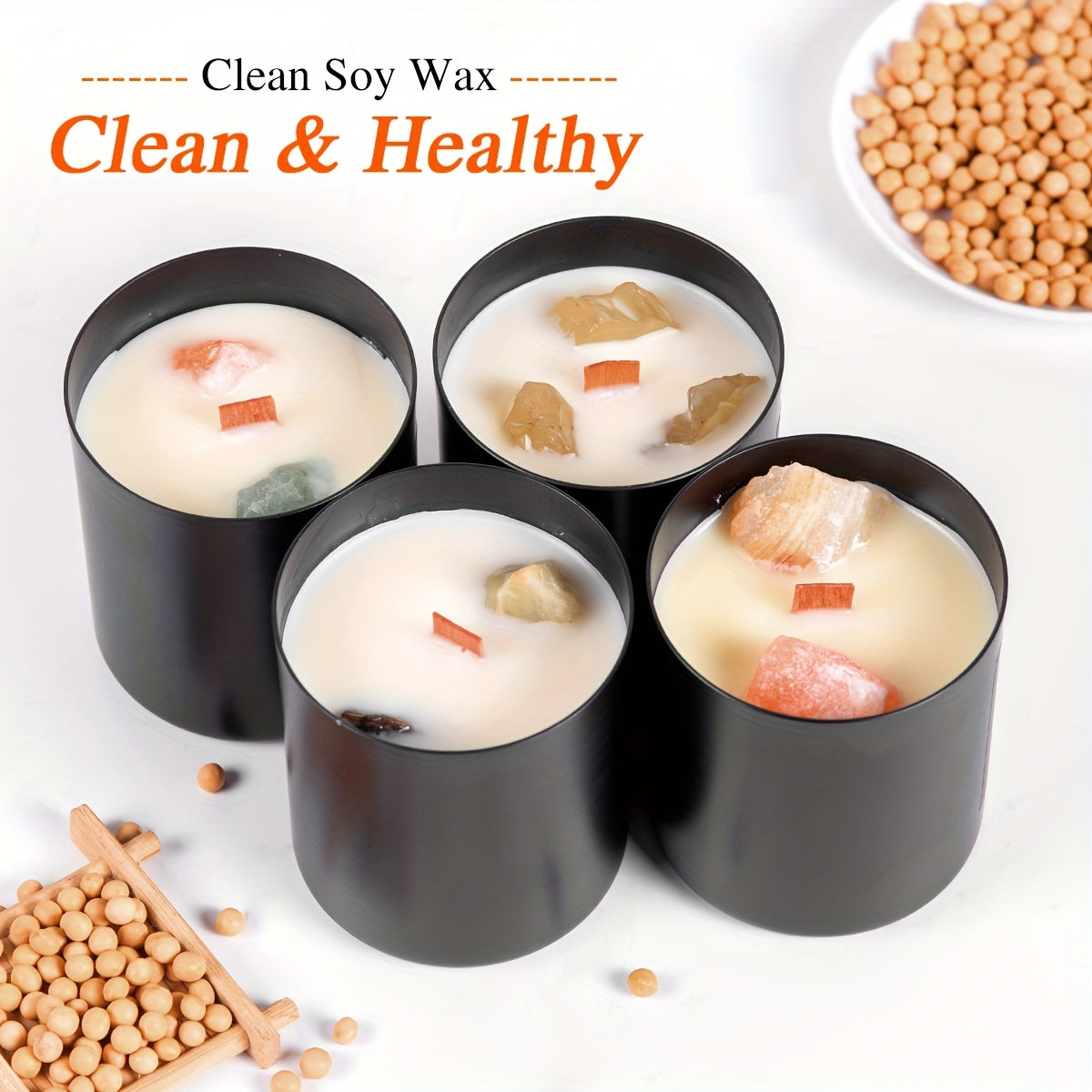 Crystal soy wax candle set in black glass jars with wooden wicks and natural stone accents, modern home decor candle collection