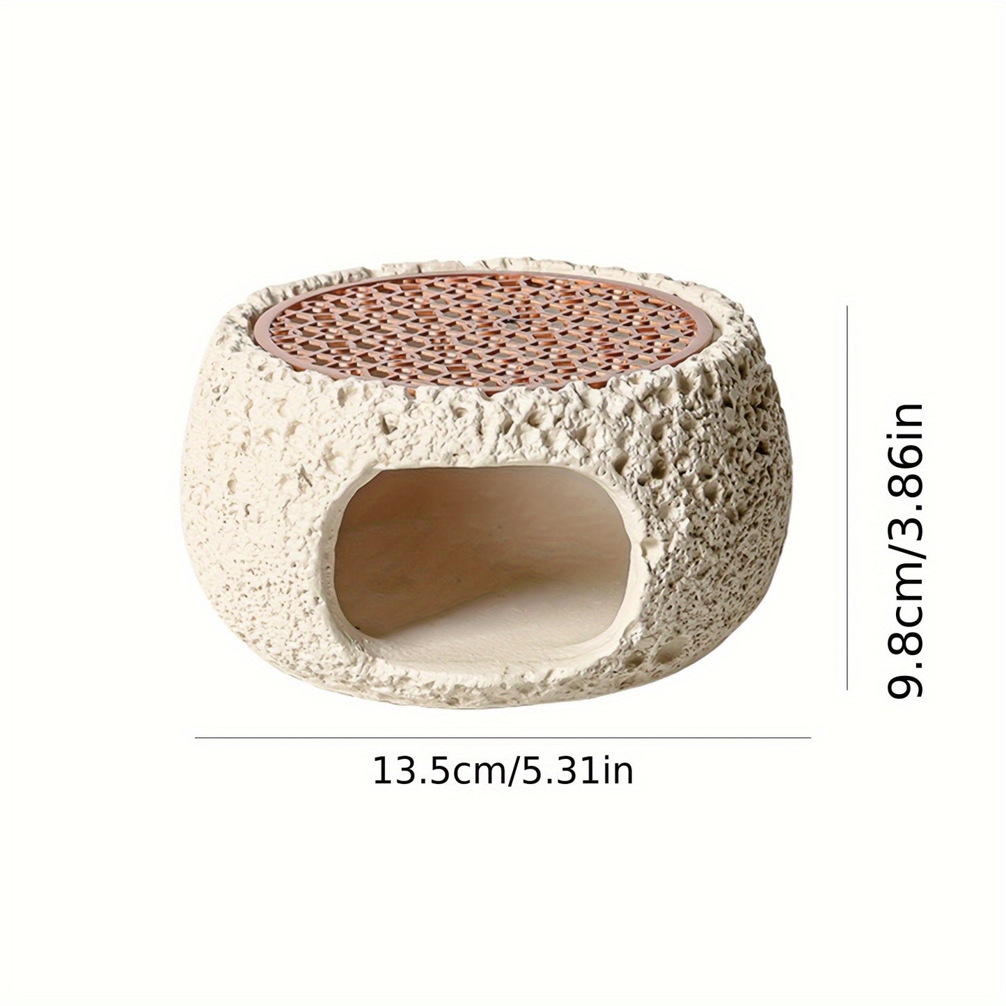 Beige stone incense holder bowl with front opening and size measurements displayed for width and height on a white background.
