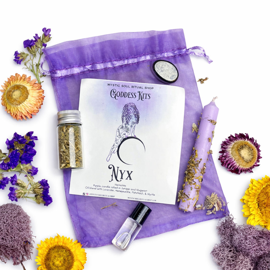 Goddess Kits Nyx packaging with purple drawstring bag, candle, and herbs surrounded by flowers on a white background.
