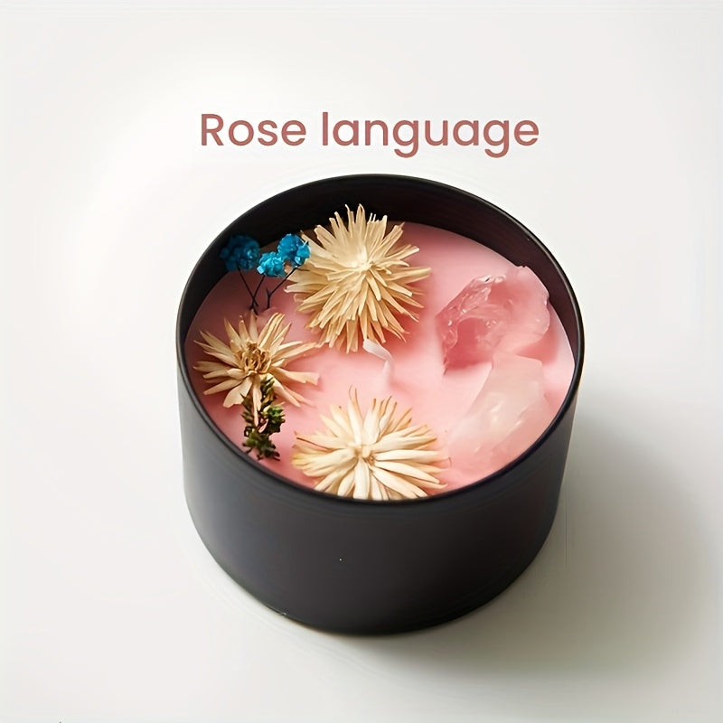 Rose Pink Rose Language crystal soy wax candle in a black glass jar with wooden wick, natural stone accents, and floral detail for modern home decor