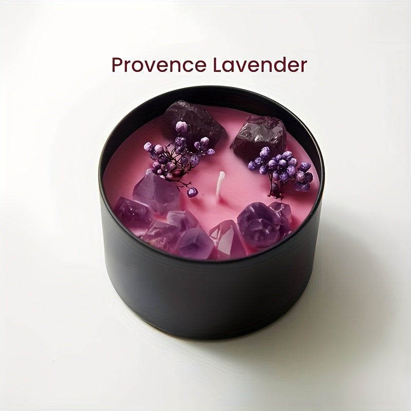 Pink Provence Lavender crystal soy wax candle in a black glass jar with wooden wick, natural stone accents, and floral detail for modern home decor