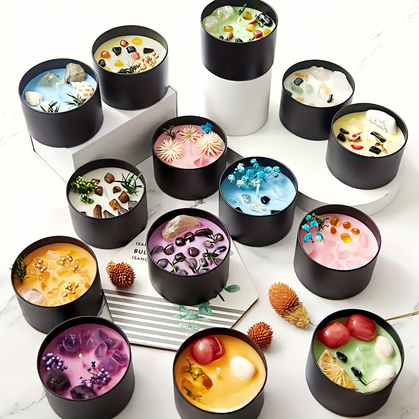 Crystal soy wax candle collection in black glass jars with wooden wicks, colorful wax blends, and natural stone accents for modern home decor