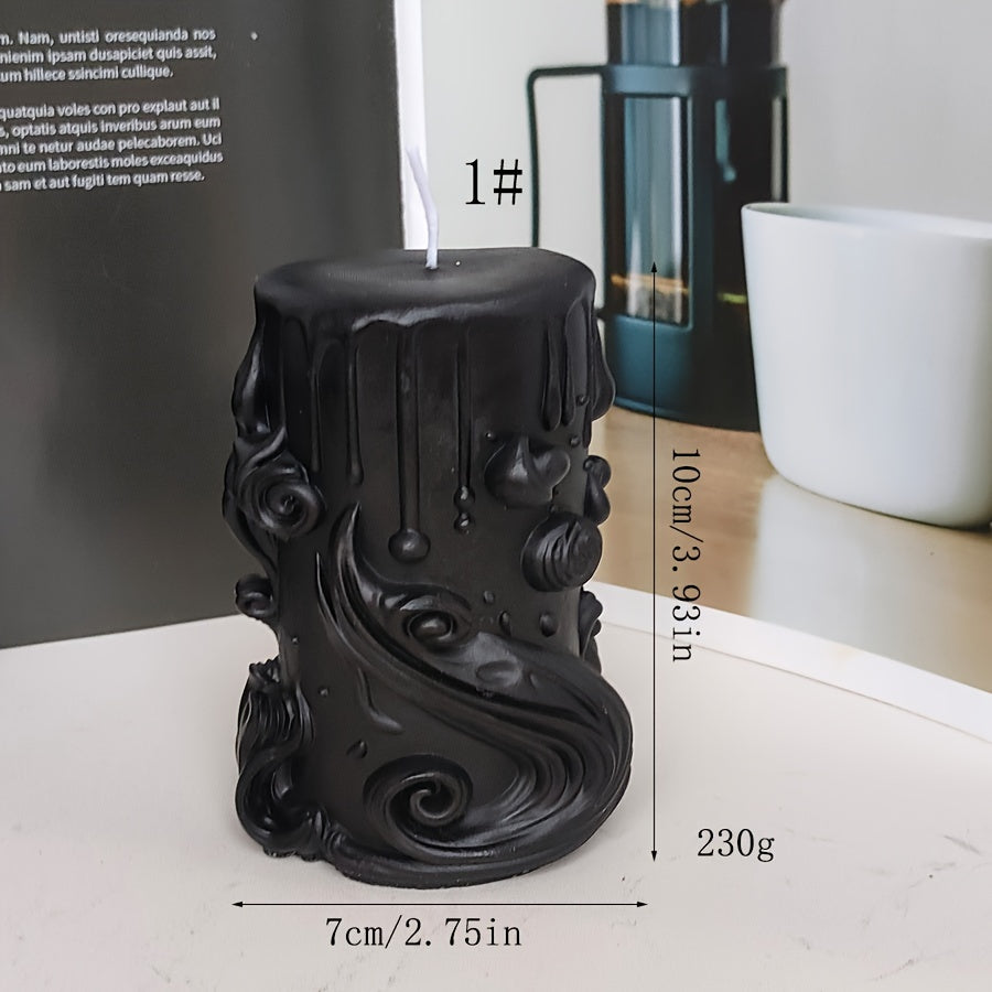 #1 Black sculpted pillar candle with ornate swirl detailing shown with size measurements and weight for decorative candle display
