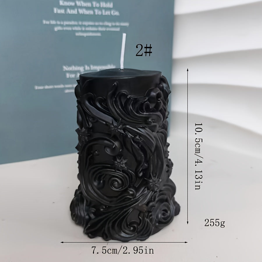 #2 Black sculpted pillar candle with ornate swirl detailing shown with size measurements and weight for decorative candle display 255g
