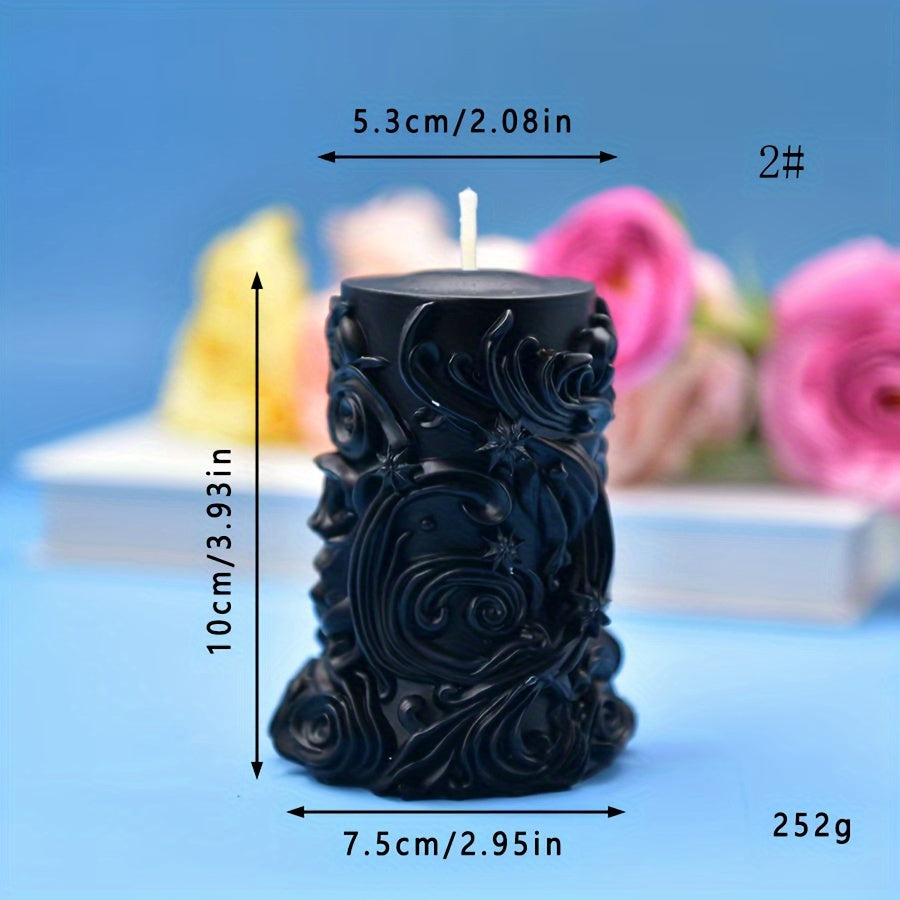 #2 Black sculpted pillar candle with ornate swirl detailing shown with size measurements and weight for decorative candle display 