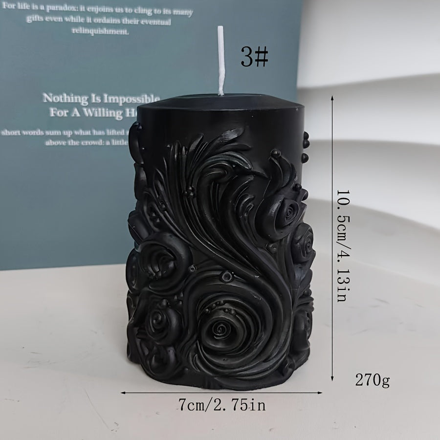 #3 Black sculpted pillar candle with ornate swirl detailing shown with size measurements and weight for decorative candle display
