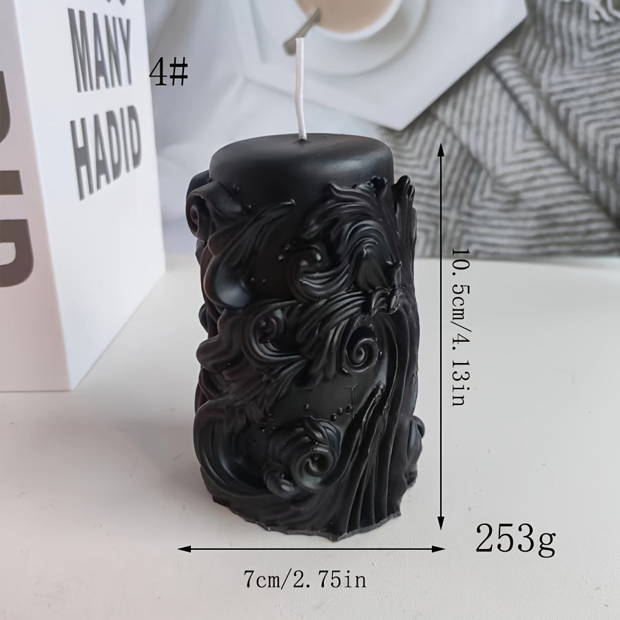 #4 Black sculpted pillar candle with ornate swirl detailing shown with size measurements and weight for decorative candle display