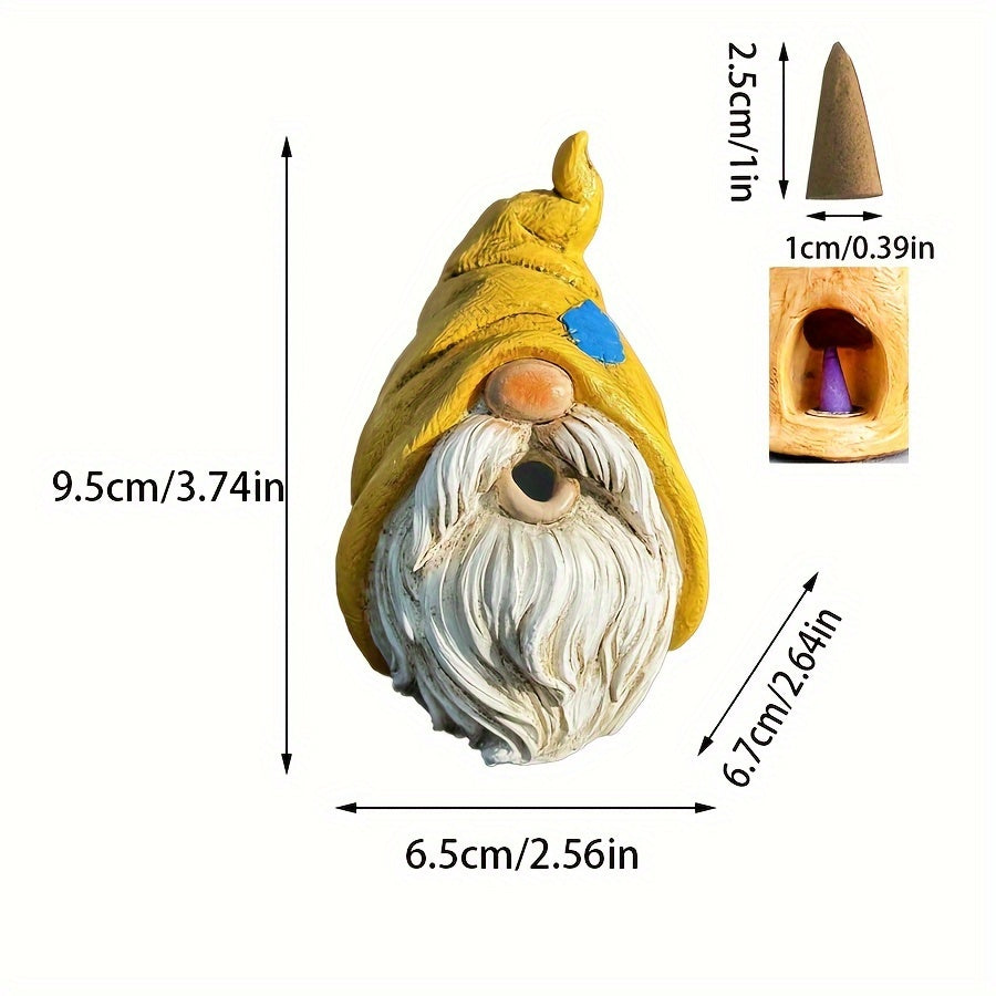 Garden Gnome Resin Incense Burner holder showing interior opening for cone incense and measurements. Creative Elf Design for Home & Office Decor - Clover's Charm