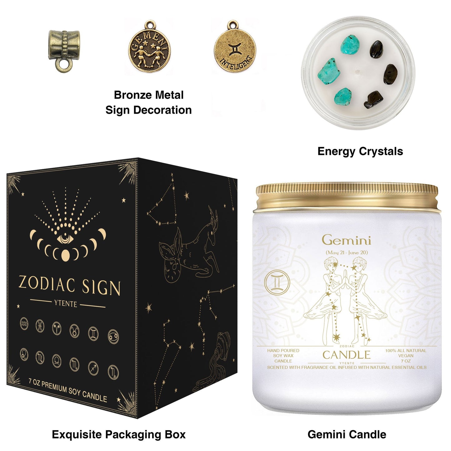 Seven ounce Gemini zodiac candle in glass jar with gold lid and illustrated astrology label shown beside matching decorative gift box