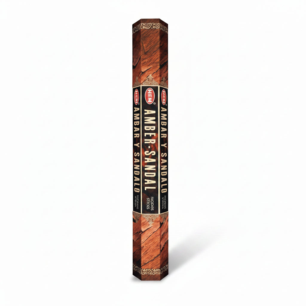HEM incense scented as amber and sandalwood on a white background. - Clover's Charm