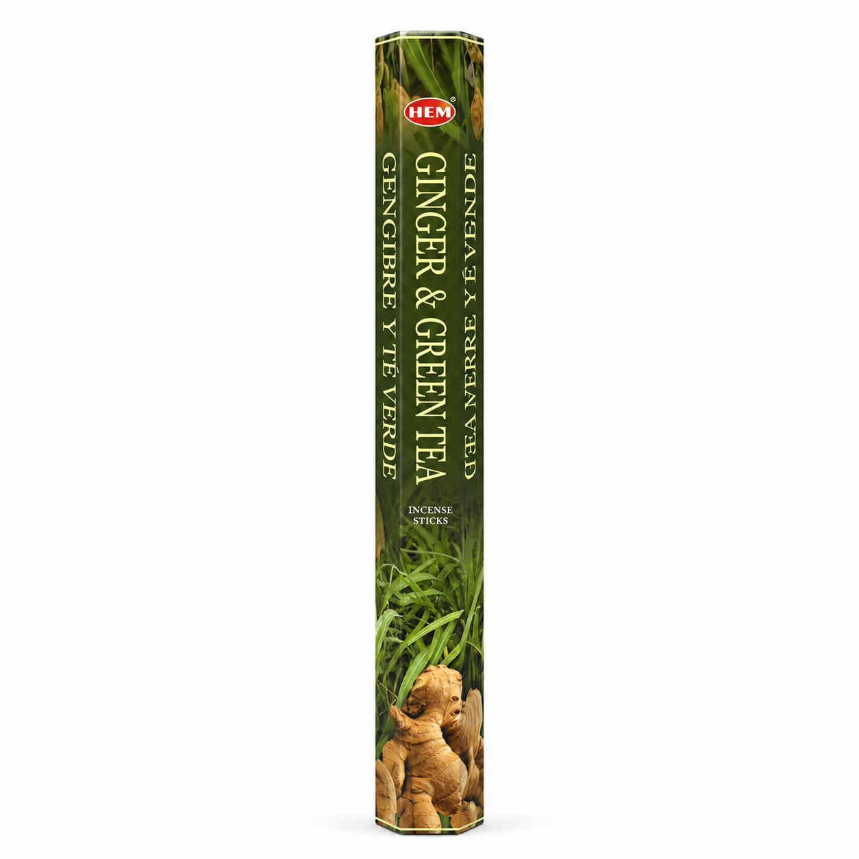 HEM ginger and green tea incense sticks package on a white background -Clover's Charm.