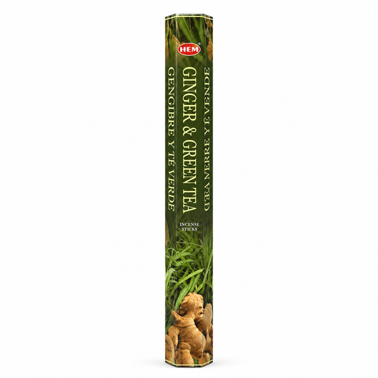 HEM ginger and green tea incense sticks package on a white background -Clover's Charm.