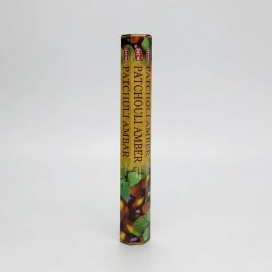 HEM patchouli amber incense sticks displayed on a white background. - Clover's Charm