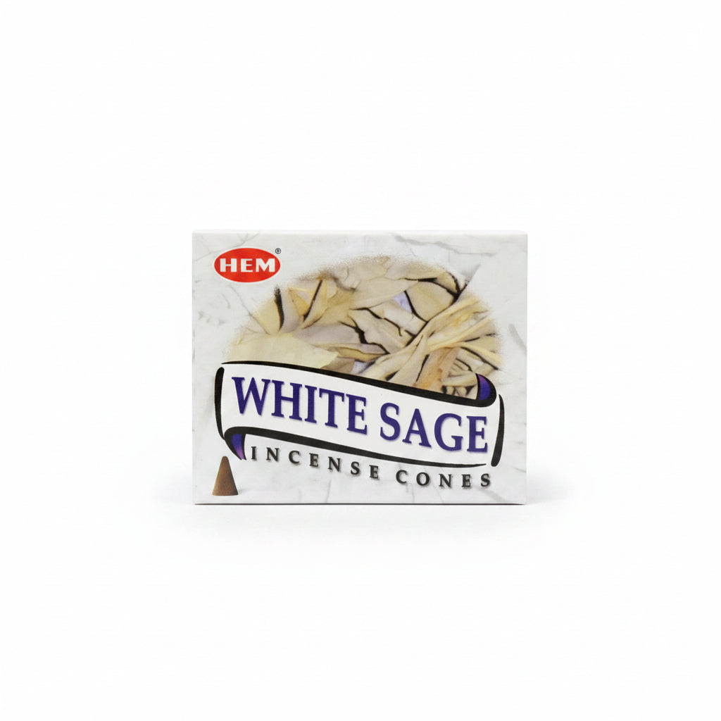 HEM brand White Sage incense cones box on a white background. - Clover's Charm