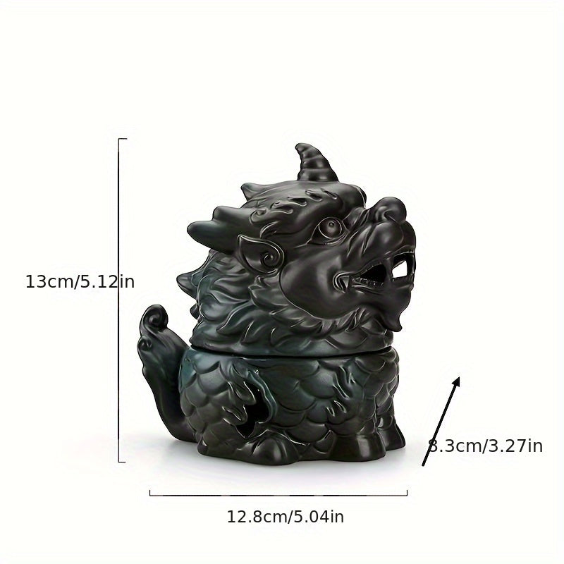Handcrafted ceramic dragon incense burner tabletop decor with hollow design shown with measurements on a white background.

