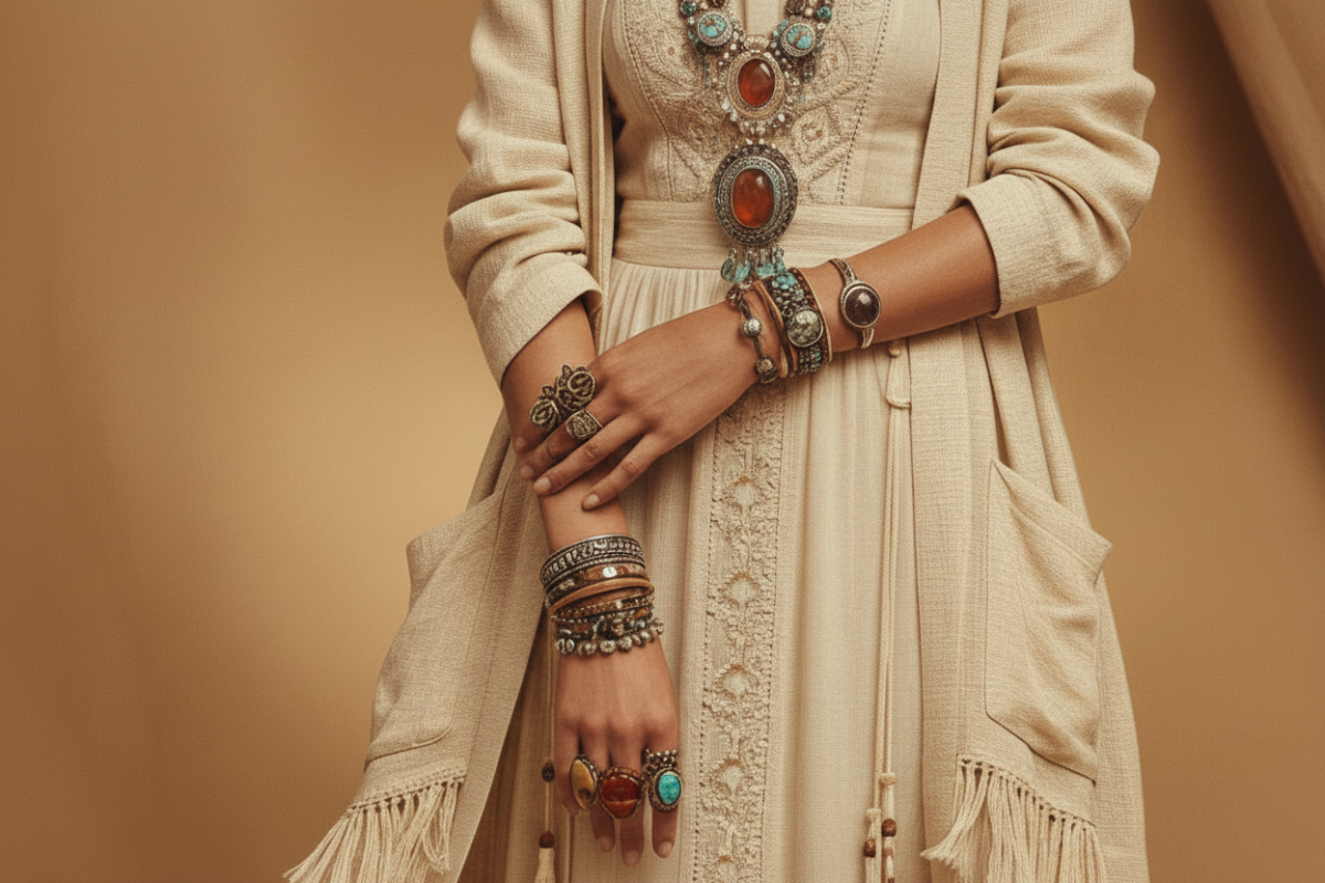 Person wearing a beige dress with intricate jewelry on a beige background