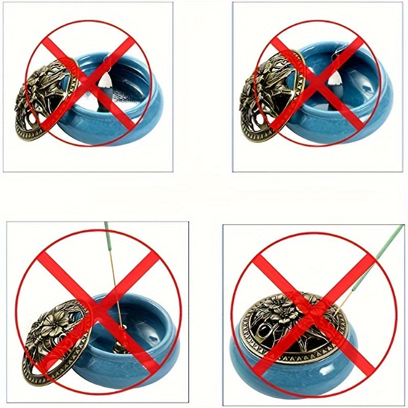 ceramic incense burner with decorative metal lid displayed on a wooden surface against a dark background for elegant home decor styling Usage exemptions