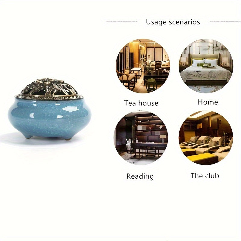 Usage scenarios Blue ceramic incense burner with decorative metal lid displayed on a wooden surface against a dark background for elegant home decor styling