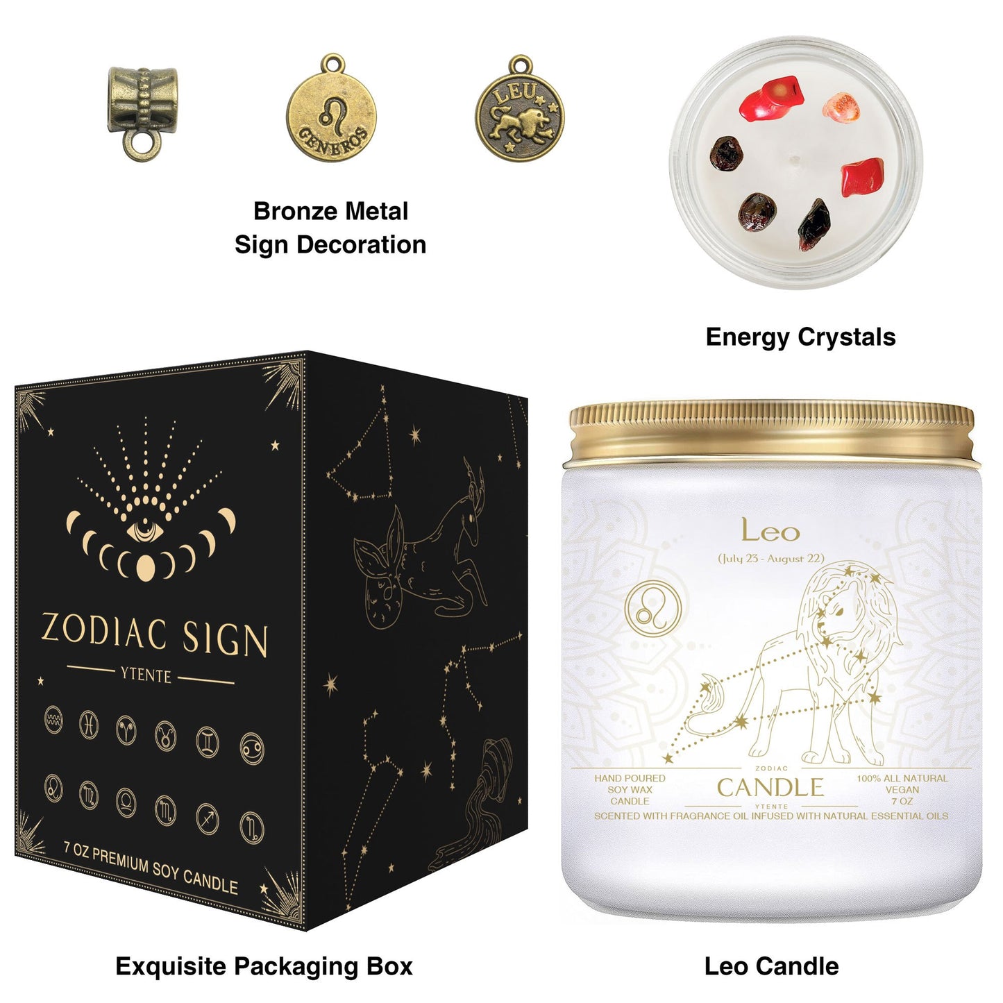Seven ounce Leo zodiac candle in glass jar with gold lid and illustrated astrology label shown beside matching decorative gift box