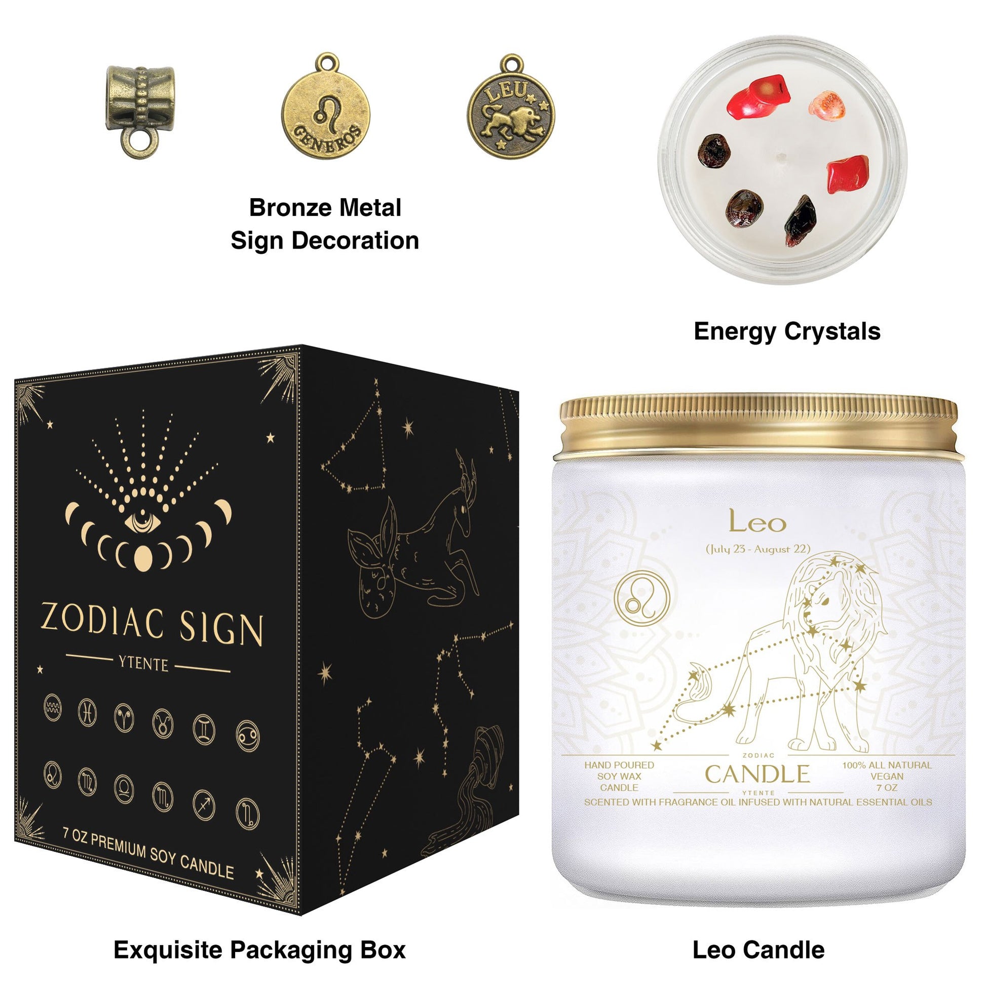 Seven ounce Leo zodiac candle in glass jar with gold lid and illustrated astrology label shown beside matching decorative gift box