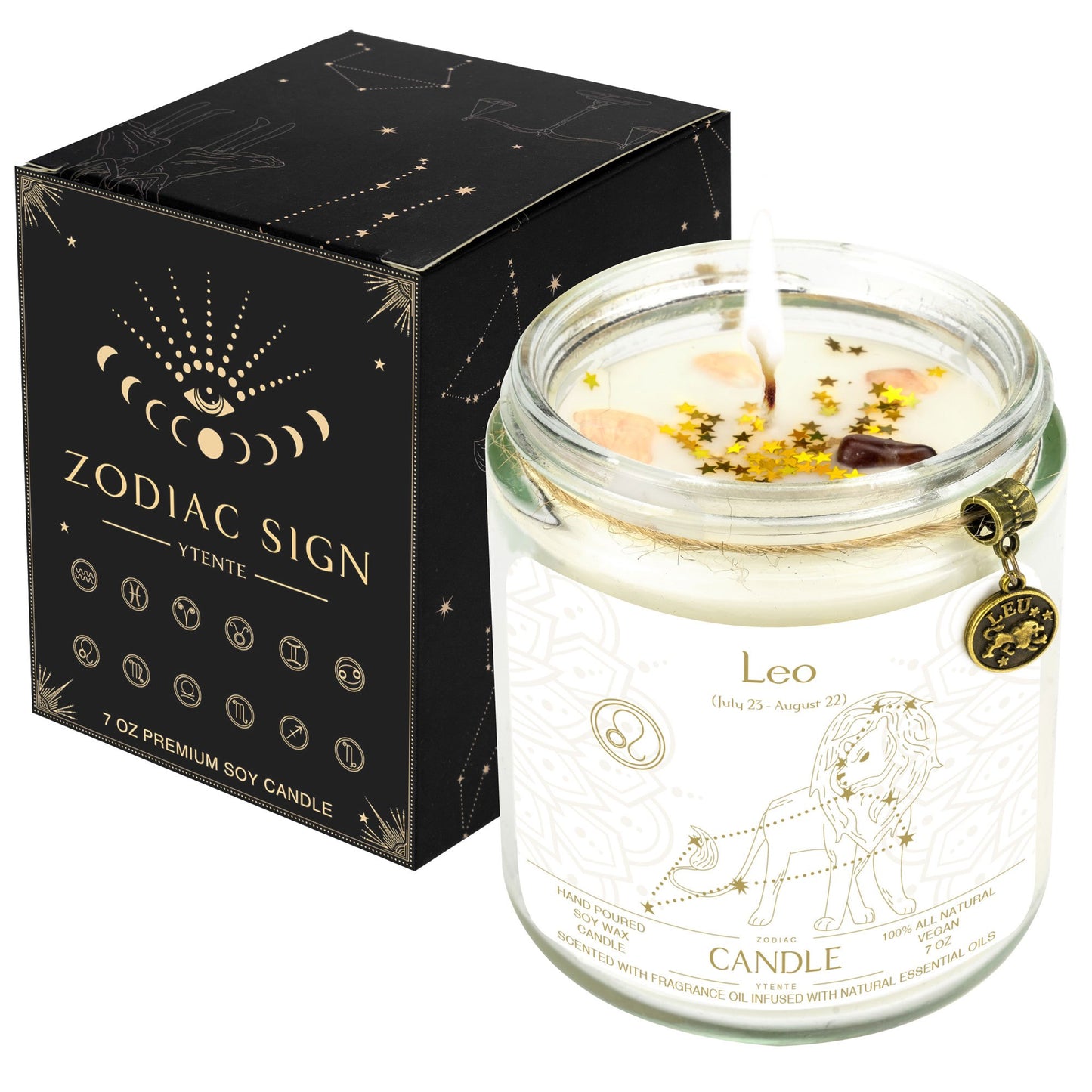 Lit Leo zodiac candle in clear glass jar with lavender sprigs visible wax crystals and printed astrology design with size dimensions shown