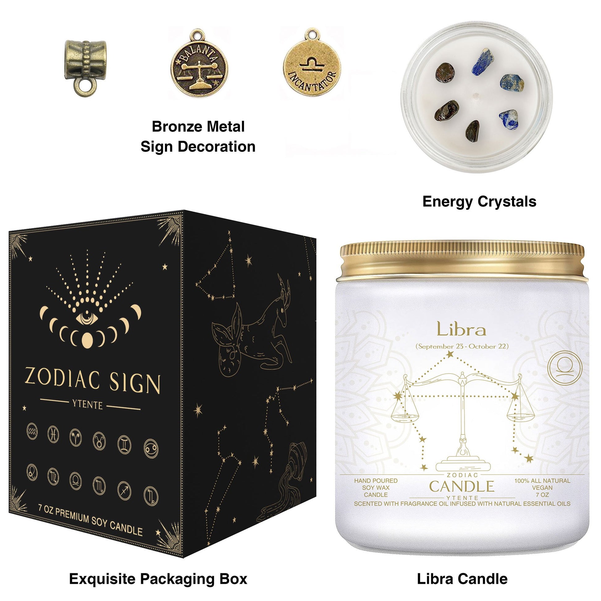 Seven ounce Libra zodiac candle in glass jar with gold lid and illustrated astrology label shown beside matching decorative gift box