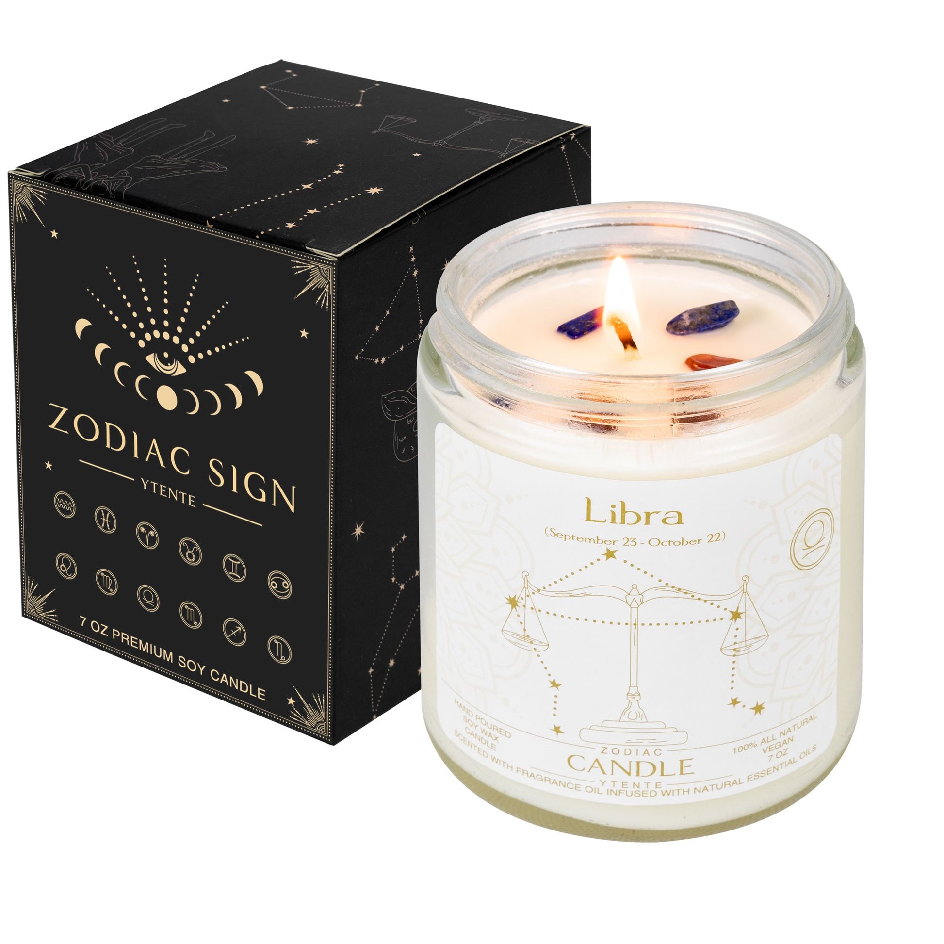 Lit Libra zodiac candle in clear glass jar with lavender sprigs visible wax crystals and printed astrology design with size dimensions shown