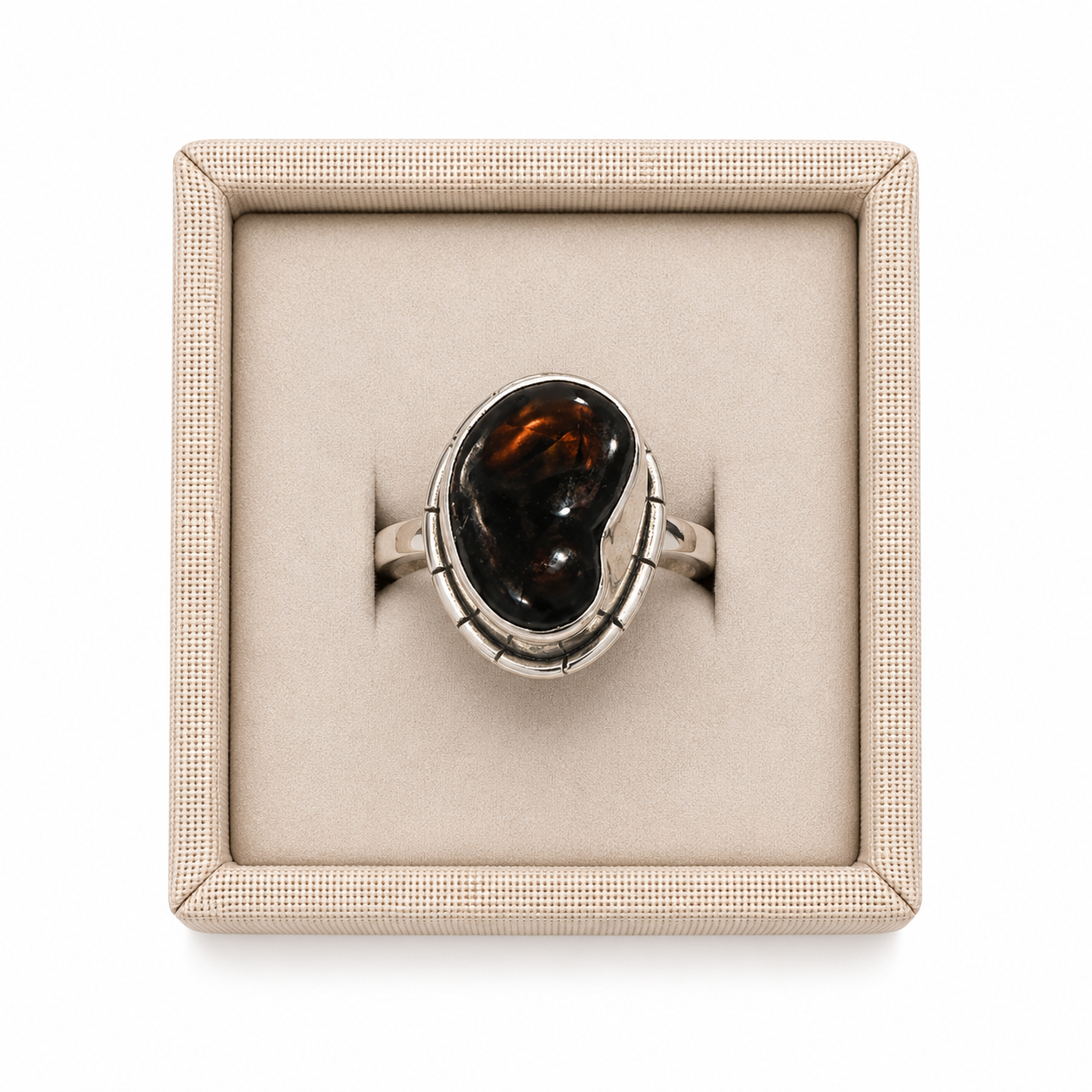 Sterling Silver Mexican Fire Opal Ring  "Eye of Fire" in a decorative box on a white background -Clover's Charm.