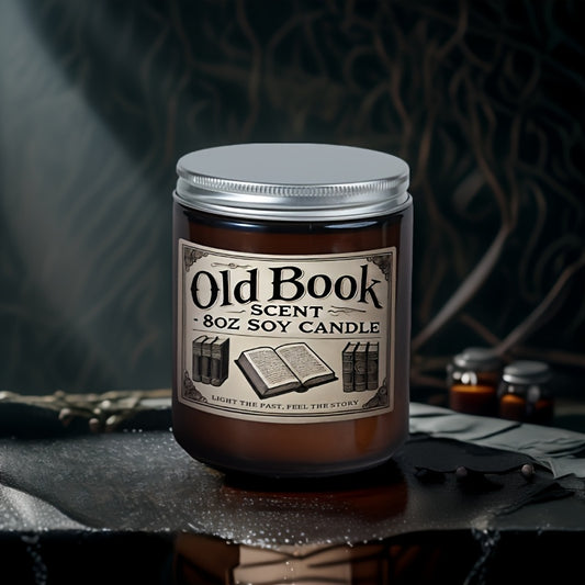 Old book scent soy candle in amber glass jar with vintage style label and metal lid, literary inspired home decor candle
