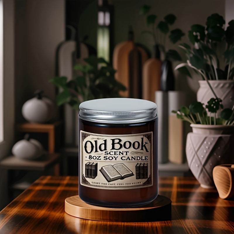 Old book scent soy candle in amber glass jar with vintage style label and metal lid, literary inspired home decor candle Boho