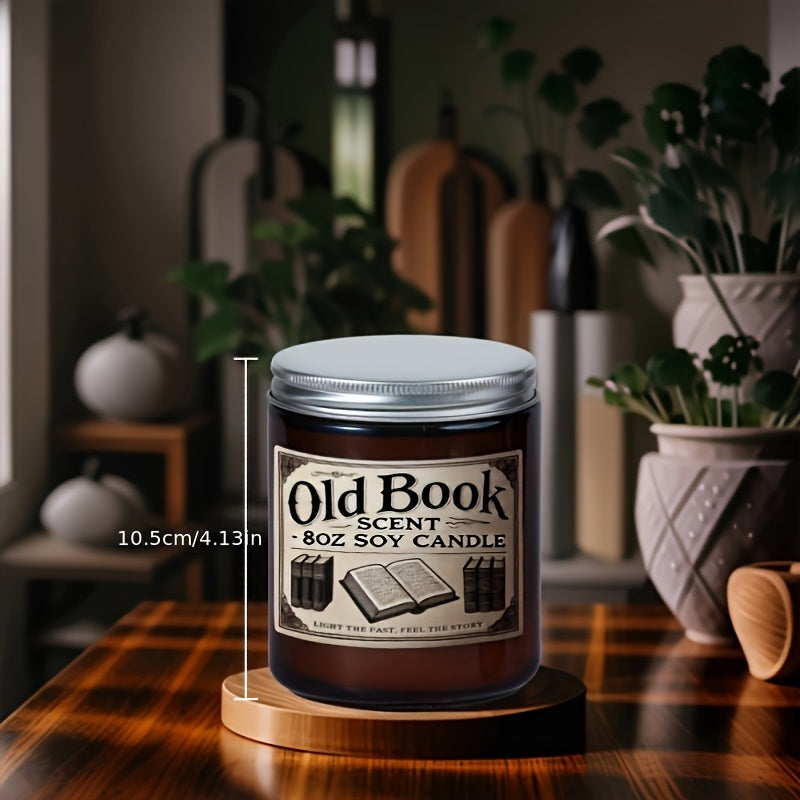 Old book scent soy candle in amber glass jar with vintage style label and metal lid, literary inspired home decor candle measurements
