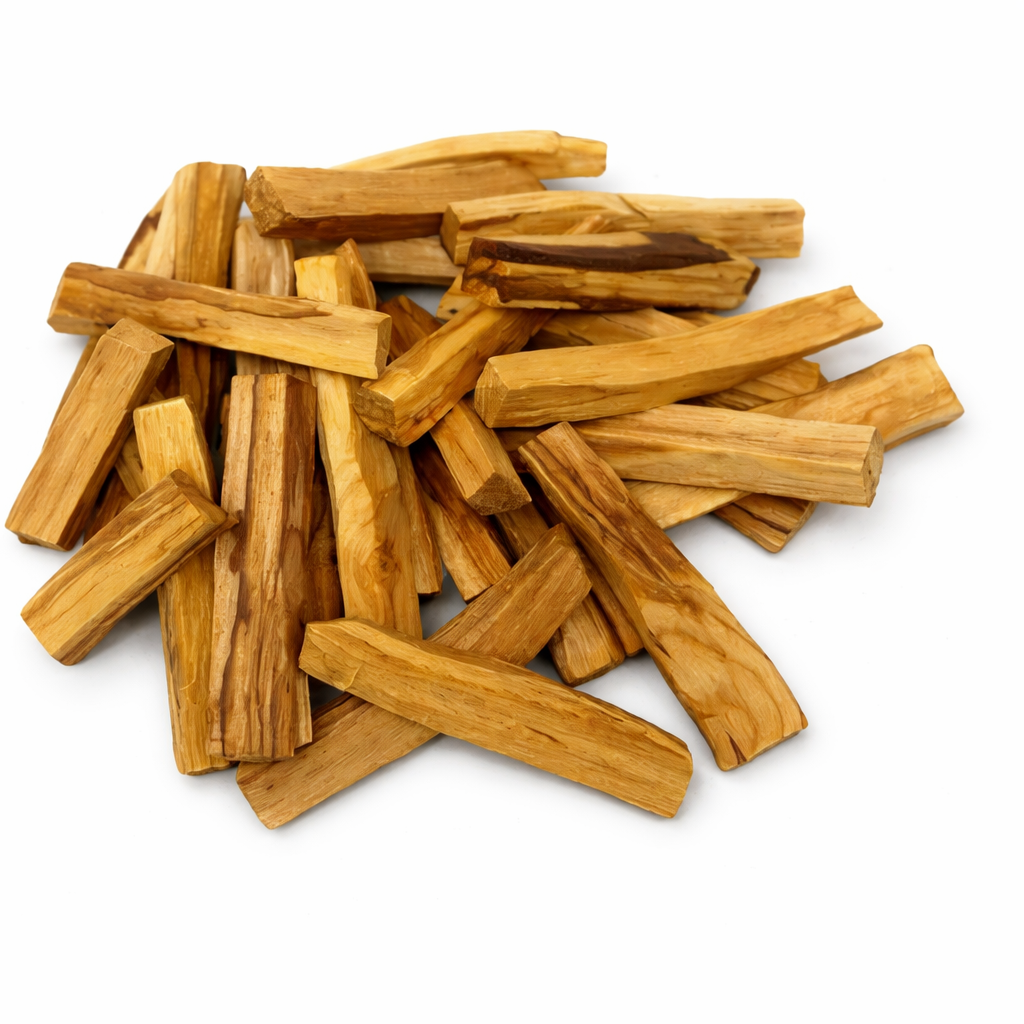 Pile of Palo Santo wooden sticks on a white background - Clover's Charm