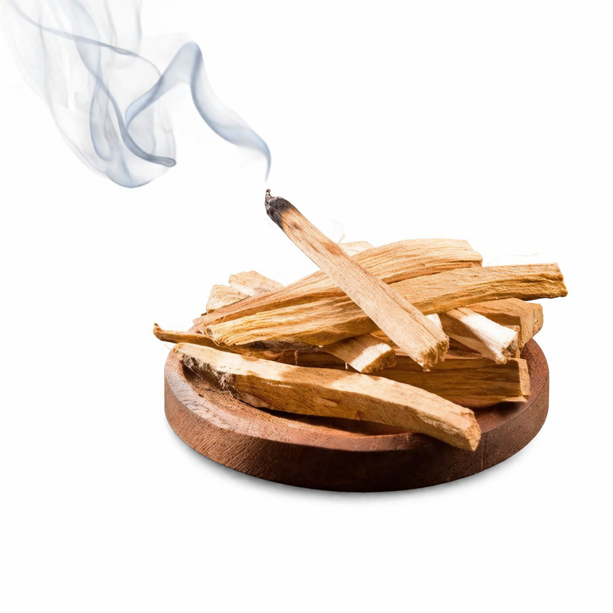 Palo Santo sticks on a wooden plate with smoke on a white background - Clover's Charm
