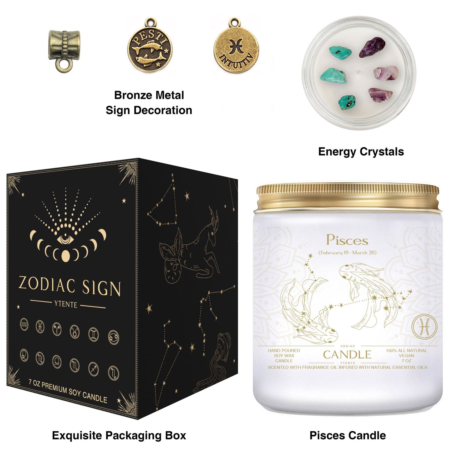 Seven ounce Pisces zodiac candle in glass jar with gold lid and illustrated astrology label shown beside matching decorative gift box