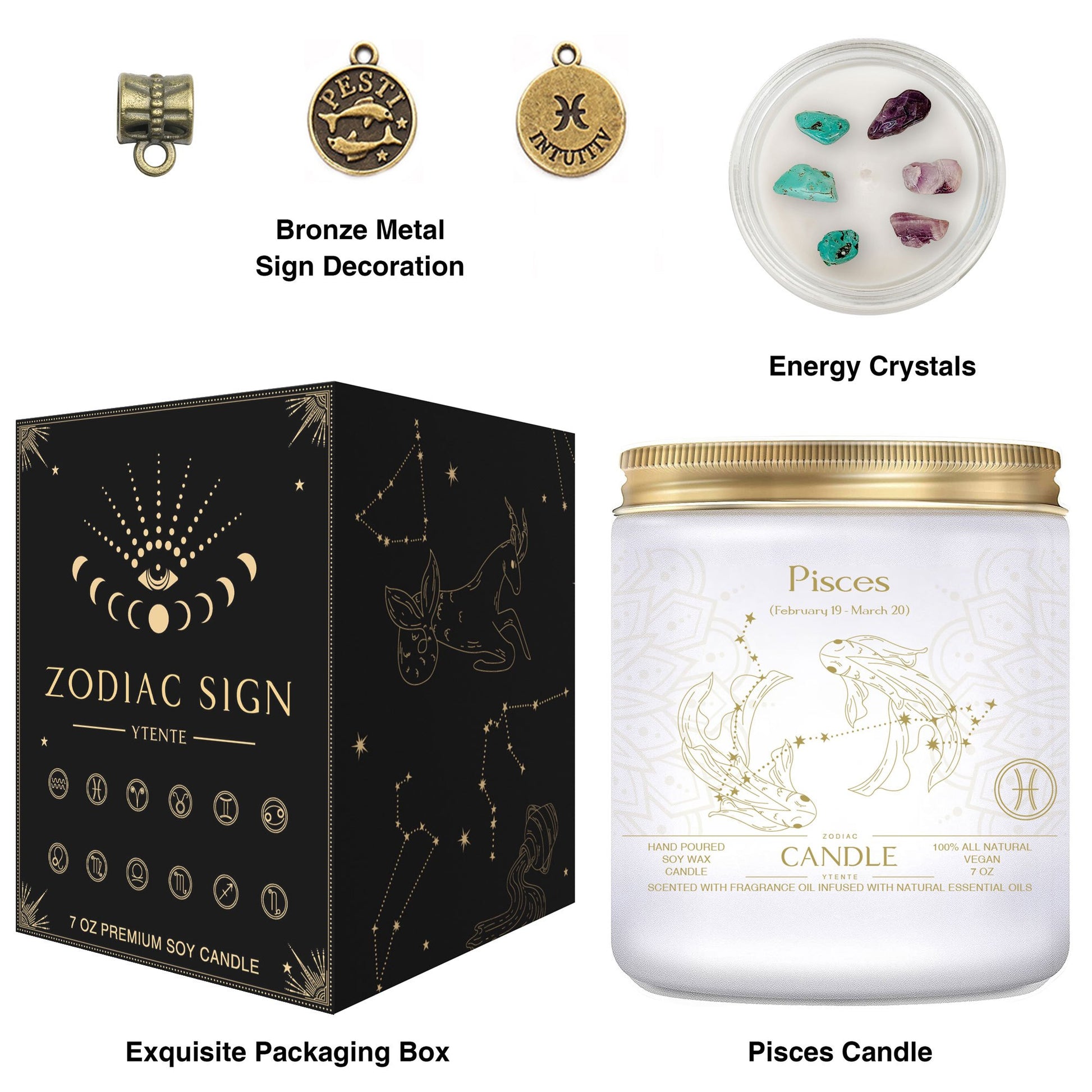 Seven ounce Pisces zodiac candle in glass jar with gold lid and illustrated astrology label shown beside matching decorative gift box