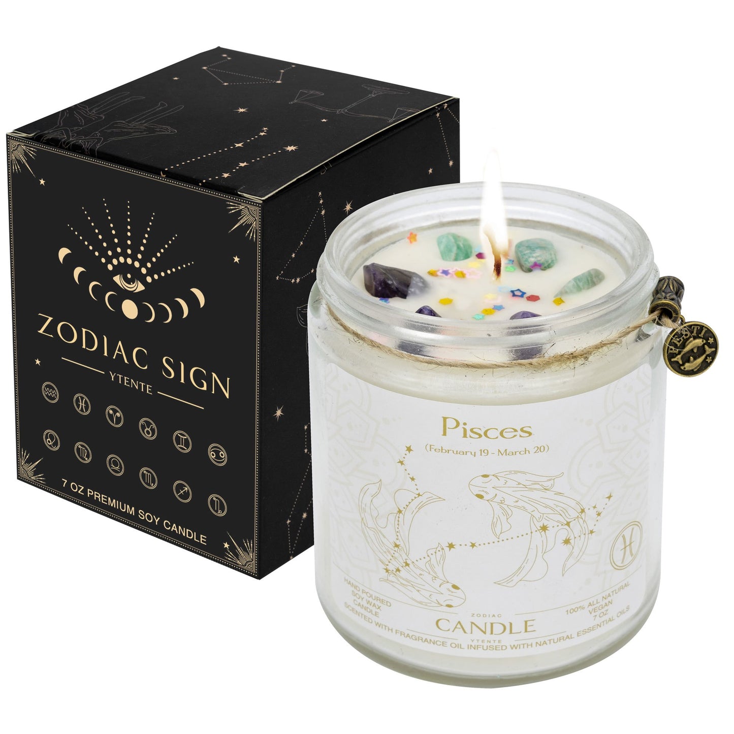 Lit Pisces zodiac candle in clear glass jar with lavender sprigs visible wax crystals and printed astrology design with size dimensions shown