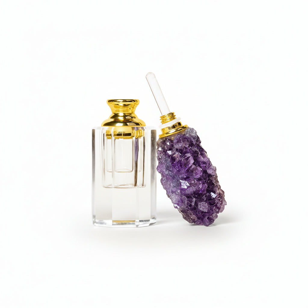RUNYANGSHI rectangle crystal essential oil bottle with gemstone topper opened with the topper propped against the bottle on a neutral background. 