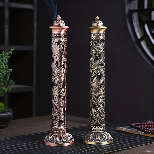 Retro vertical dragon and phoenix pillar incense burner with antique metal finish displayed on tabletop
