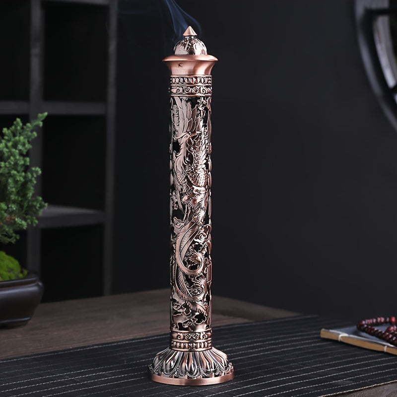 Retro vertical phoenix pillar incense burner with antique metal finish displayed on tabletop