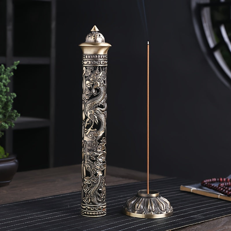 Retro vertical phoenix pillar incense burner lit with antique metal finish displayed on tabletop