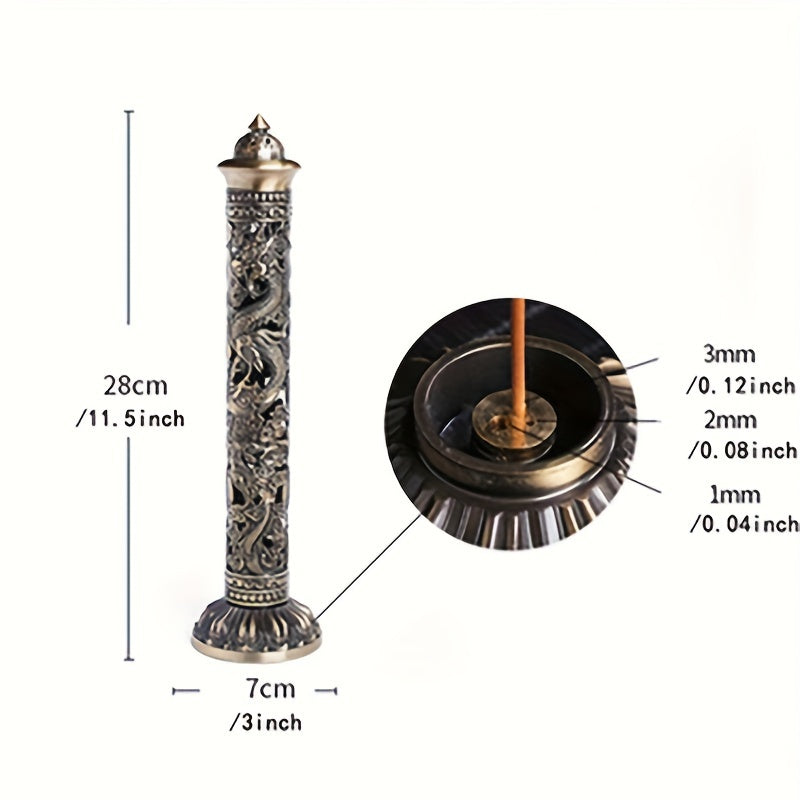 Retro vertical dragon pillar incense burner with antique metal finish displayed with measurements